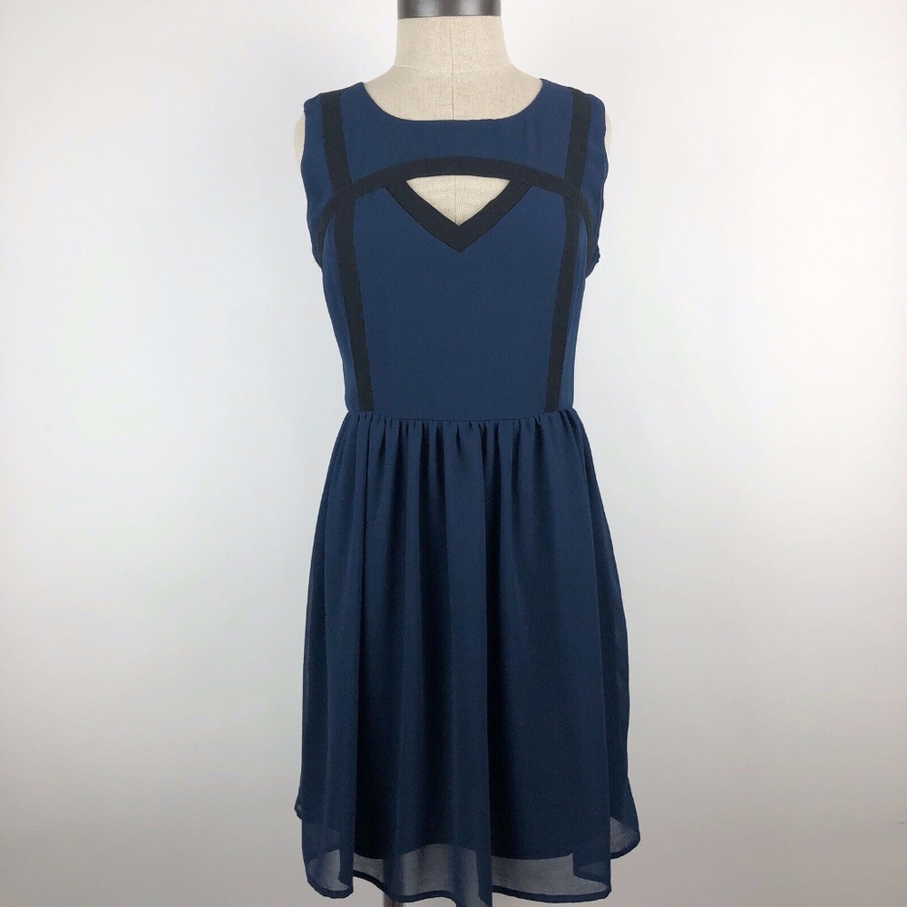 Moonlight Navy Sleeveless Key Hole Sheer Dress Lg